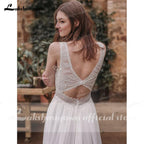 Vestidos de novia NumberSea de gasa con escote en V y encaje, sin mangas y espalda abierta