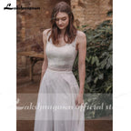 Vestidos de novia NumberSea de gasa con escote en V y encaje, sin mangas y espalda abierta