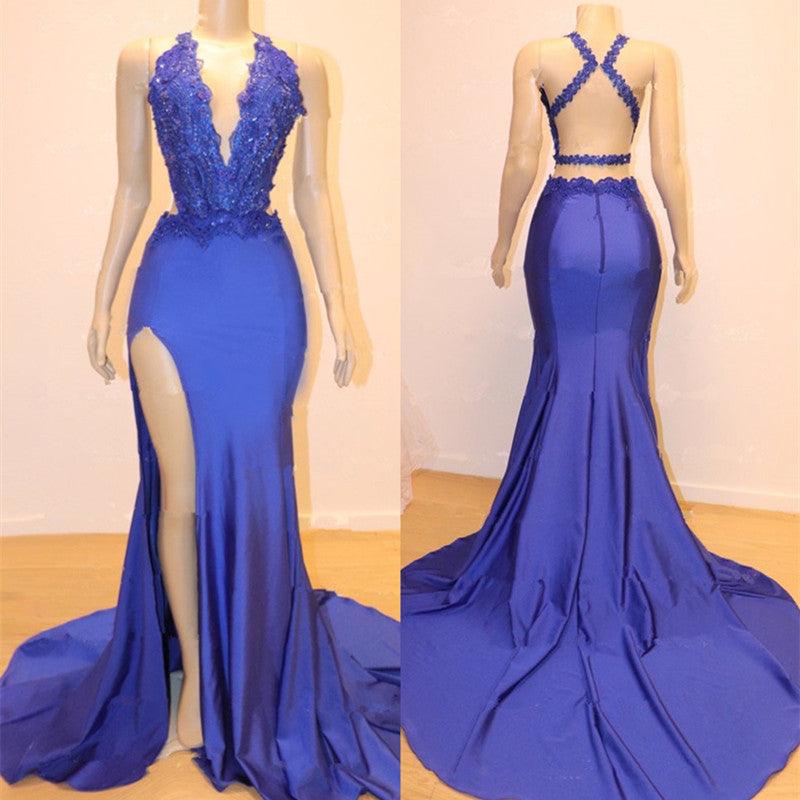 Vestido de fiesta sin mangas con corte sirena y apliques de encaje 