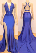 Vestido de fiesta sin mangas con corte sirena y apliques de encaje 
