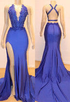Vestido de fiesta sin mangas con corte sirena y apliques de encaje 