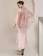 Meerjungfrau/Trompete Kleid für die Mutter der Braut, formelle Hochzeit, Gastparty, Vintage, elegant, Rundhalsausschnitt, asymmetrisch, bodenlang, Chiffon, ärmellos, mit Perlen verziert