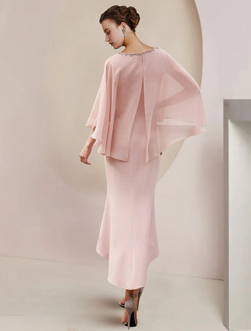 Meerjungfrau/Trompete Kleid für die Mutter der Braut, formelle Hochzeit, Gastparty, Vintage, elegant, Rundhalsausschnitt, asymmetrisch, bodenlang, Chiffon, ärmellos, mit Perlen verziert