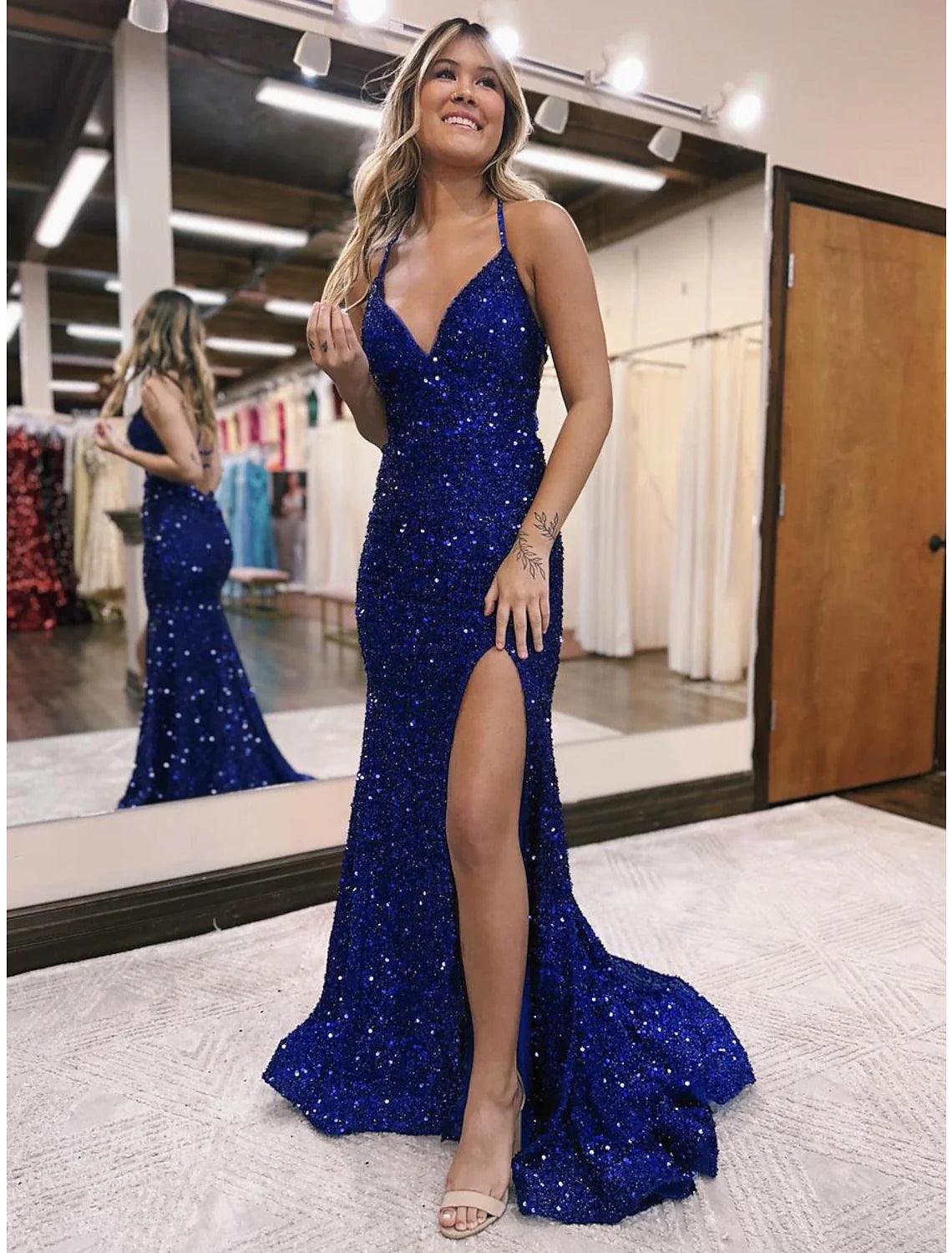 Vestidos de fiesta de sirena/trompeta con brillo y brillo, vestido formal para fiesta de bodas, cola larga/cepillo, sin mangas, cuello en V, lentejuelas, espalda descubierta con abertura de lentejuelas