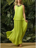 Vestido de dos piezas para madre de la novia, para invitada de boda, elegante, dulce, cuello joya, largo hasta los tobillos, de gasa, sin mangas, con pliegues y apliques, otoño