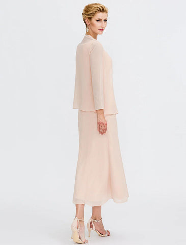 Vestido de dos piezas para madre de la novia, estilo tubo/columna, para invitada de boda, talla grande, elegante, con chaqueta, manga larga, escote redondo, largo hasta la rodilla, gasa, faja/cinta, pliegues y abalorios