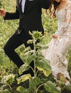 Vestidos de novia bohemios formales de compromiso, estilo sirena/trompeta, escote ilusión, manga larga, cola larga, encaje, con apliques