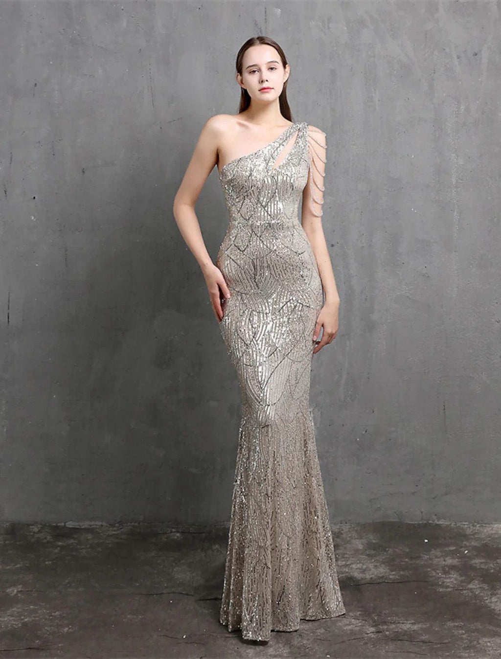 Meerjungfrau/Trompete Abendkleid Sparkle &amp; Shine Kleid Formelle Hochzeit Gast Bodenlang Kurzarm Eine Schulter Pailletten mit Pailletten