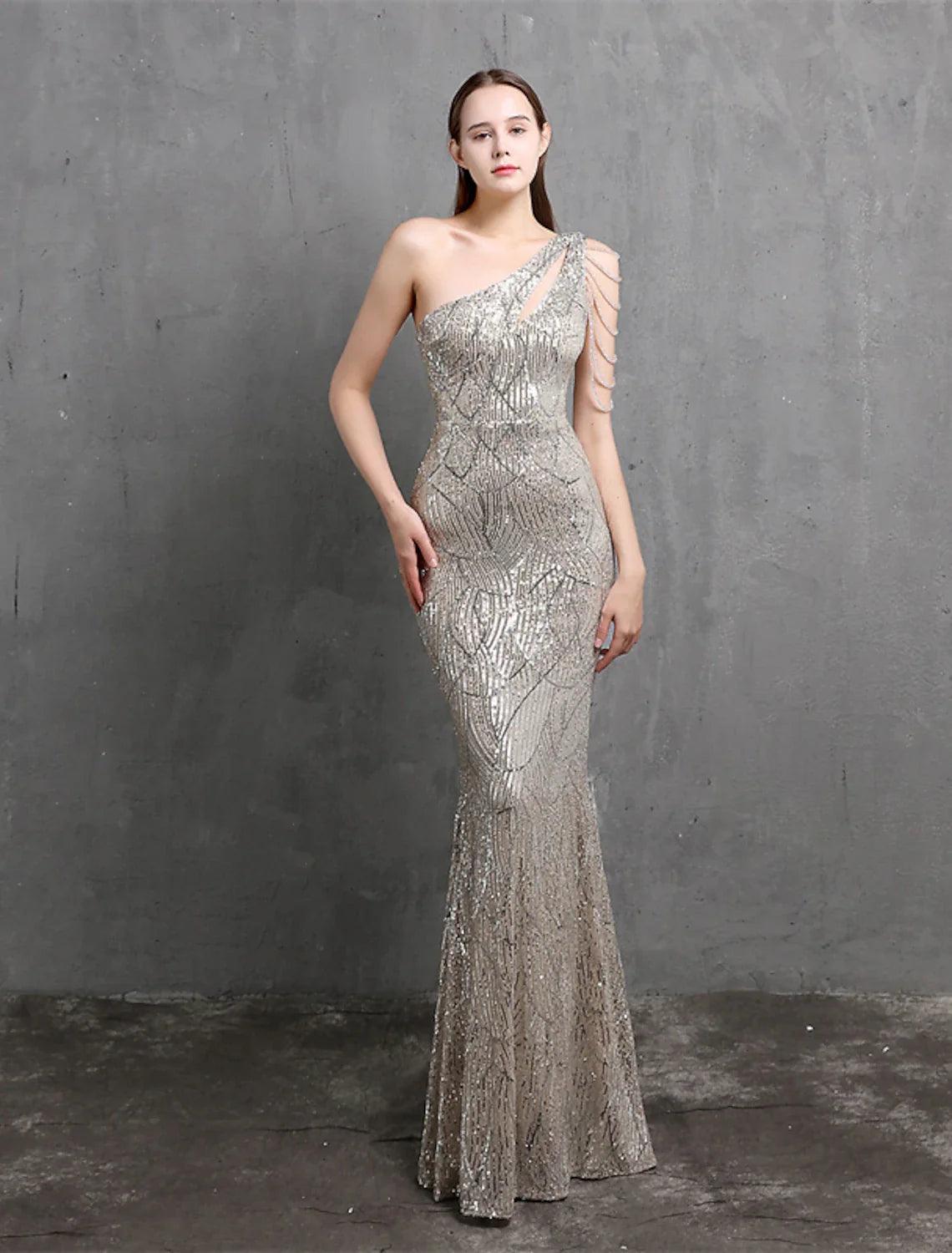 Meerjungfrau/Trompete Abendkleid Sparkle &amp; Shine Kleid Formelle Hochzeit Gast Bodenlang Kurzarm Eine Schulter Pailletten mit Pailletten