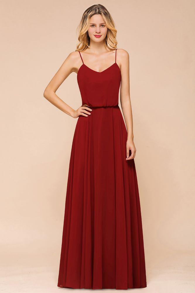 Spaghetti Chiffon Bridesmaid Dress Backless Burgundy Floor-Length Beach Wedding Dress