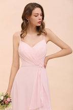 Spaghetti Side Split Pink Bridesmaid Dress Beach Simple Wedding Dress