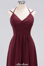 Spaghetti Sleeveless Ruffles A-line Chiffon Bridesmaid Dresses Straps Evening Maxi Dress