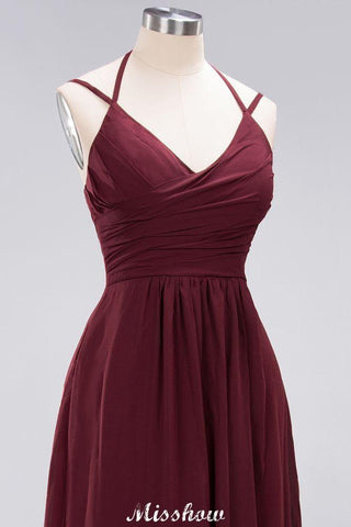 Vestido de dama de honor de gasa con tirantes finos, sin mangas, con volantes y corte A