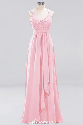 Vestido de dama de honor de gasa con tirantes finos, sin mangas, con volantes y corte A