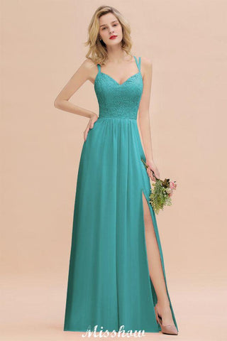Spaghetti Slim Side Split Bridesmaid Dress Sky Blue V-Neck Wedding Party Dress