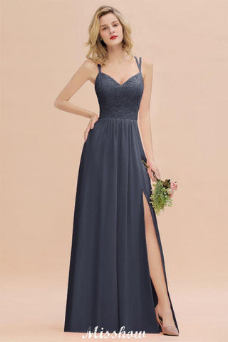 Spaghetti Slim Side Split Bridesmaid Dress Sky Blue V-Neck Wedding Party Dress