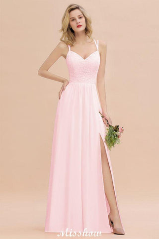 Spaghetti Slim Side Split Bridesmaid Dress Sky Blue V-Neck Wedding Party Dress