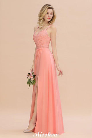 Spaghetti Slim Side Split Bridesmaid Dress Sky Blue V-Neck Wedding Party Dress