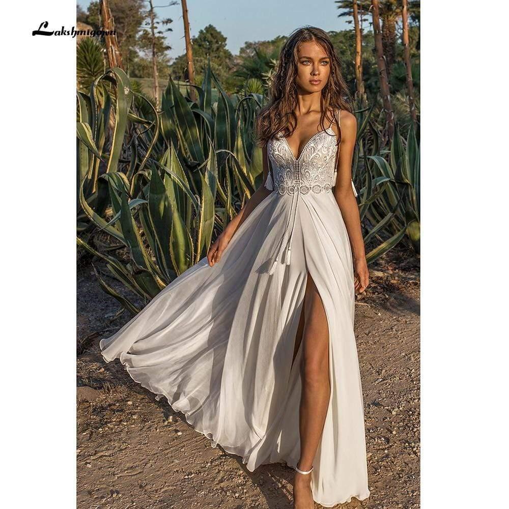 Vestidos de novia NumberSea con tirantes finos, abertura alta, espalda descubierta y cuentas
