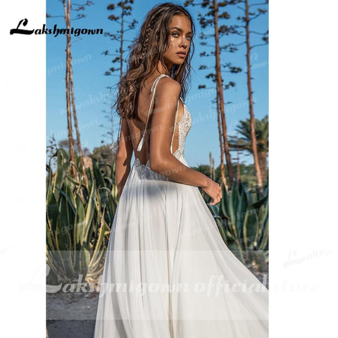 NumberSea Spaghetti Straps High Split Backless beads Wedding Dresses