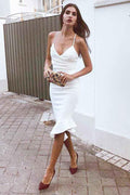 Vestido de cóctel/regreso a casa de satén blanco con tirantes finos hasta la rodilla PD076