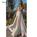 Vestido de novia NumberSea con tirantes finos, hombros descubiertos, encaje, espalda descubierta y escote en V