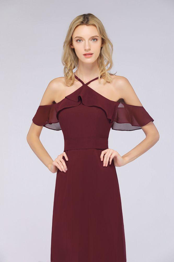 Spaghetti-Straps Sleeveless Ruffles Floor-Length Bridesmaid Dress with Bow Sash