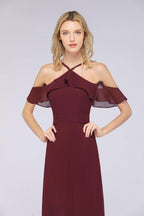 Spaghetti-Straps Sleeveless Ruffles Floor-Length Bridesmaid Dress with Bow Sash