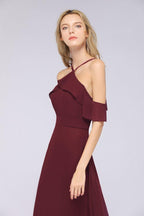 Spaghetti-Straps Sleeveless Ruffles Floor-Length Bridesmaid Dress with Bow Sash