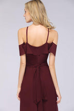 Spaghetti-Straps Sleeveless Ruffles Floor-Length Bridesmaid Dress with Bow Sash