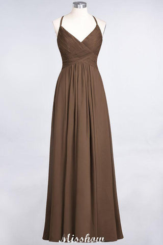 Spaghetti-Straps V-Neck Sleeveless Floor-Length Bridesmaid Dress