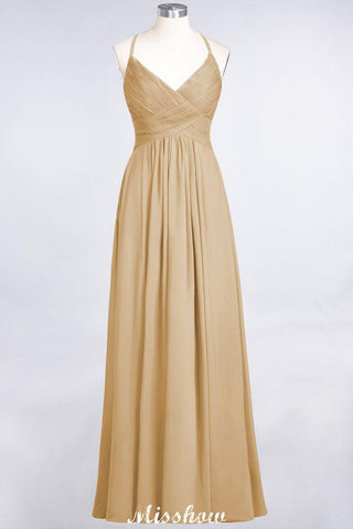 Spaghetti-Straps V-Neck Sleeveless Floor-Length Bridesmaid Dress