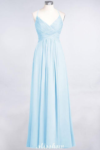 Spaghetti-Straps V-Neck Sleeveless Floor-Length Bridesmaid Dress