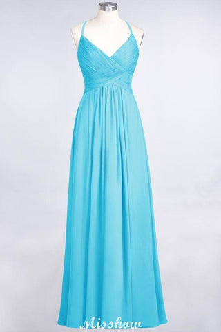 Spaghetti-Straps V-Neck Sleeveless Floor-Length Bridesmaid Dress