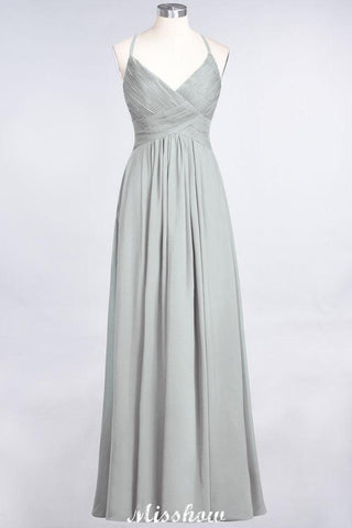 Spaghetti-Straps V-Neck Sleeveless Floor-Length Bridesmaid Dress