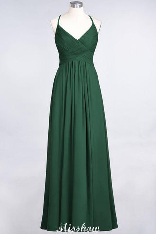 Spaghetti-Straps V-Neck Sleeveless Floor-Length Bridesmaid Dress