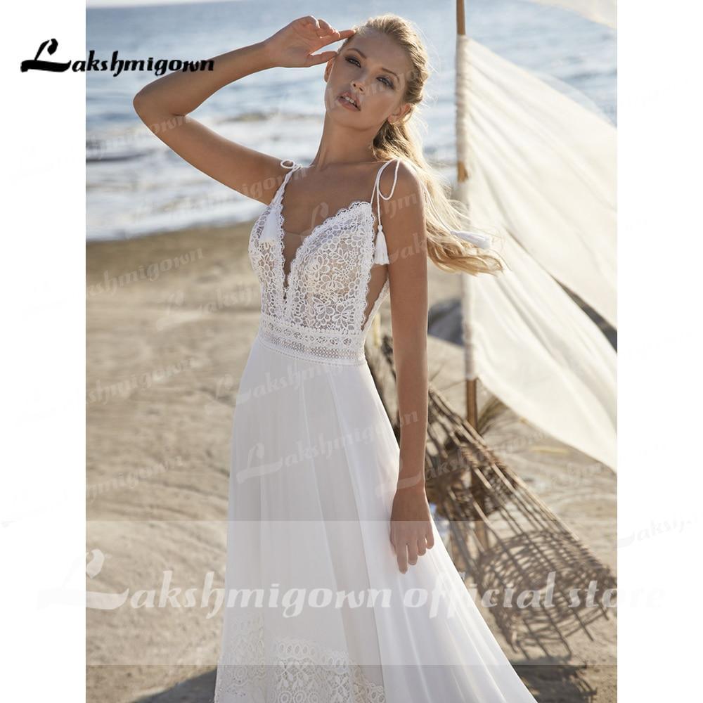Vestidos de novia con tirantes finos de NumberSea, estilo bohemio playero con corpiño de encaje, vestido para boda playa, vestidos de novia Lakshmigown para novia