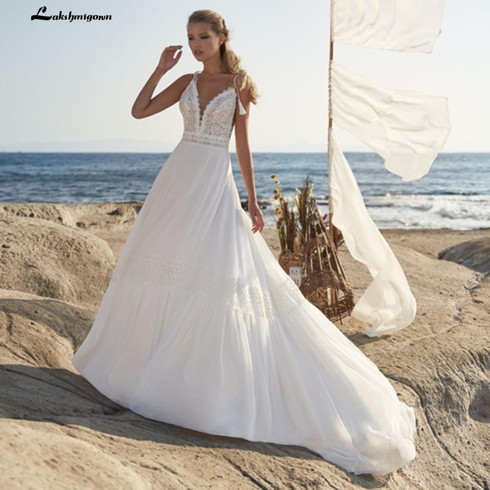 Vestidos de novia con tirantes finos de NumberSea, estilo bohemio playero con corpiño de encaje, vestido para boda playa, vestidos de novia Lakshmigown para novia
