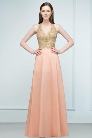 Spaghetti V-neck A-line Floor Length Appliqued Chiffon Bridesmaid Dresses