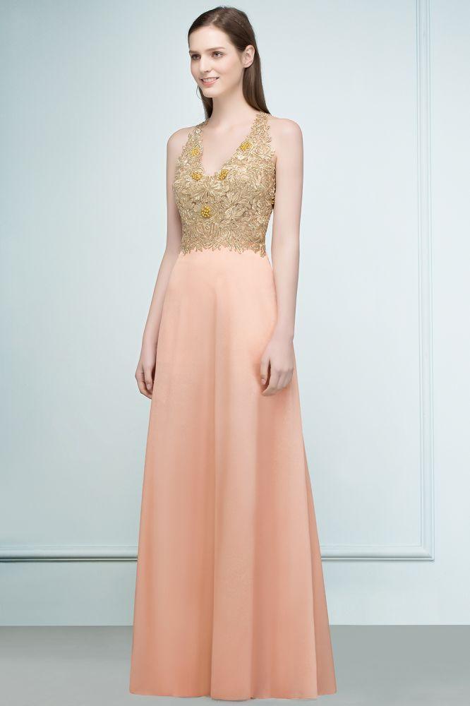 Spaghetti V-neck A-line Floor Length Appliqued Chiffon Bridesmaid Dresses