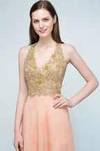 Spaghetti V-neck A-line Floor Length Appliqued Chiffon Bridesmaid Dresses