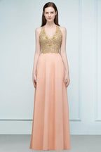 Spaghetti V-neck A-line Floor Length Appliqued Chiffon Bridesmaid Dresses