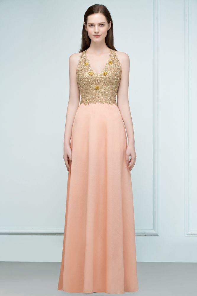 Spaghetti V-neck A-line Floor Length Appliqued Chiffon Bridesmaid Dresses