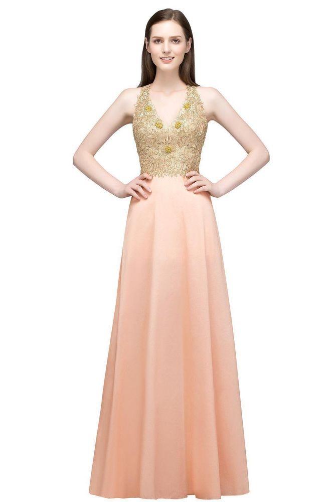 Spaghetti V-neck A-line Floor Length Appliqued Chiffon Bridesmaid Dresses