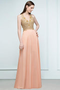 Spaghetti V-neck A-line Floor Length Appliqued Chiffon Bridesmaid Dresses
