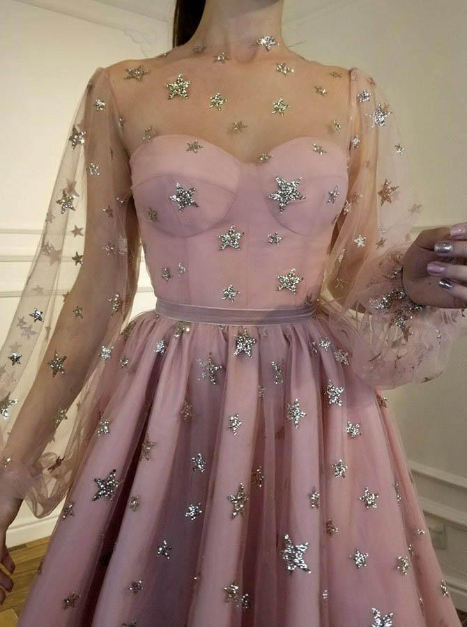 Sparkly A Line Round Neck Long Sleeves Homecoming Dress With Sequin