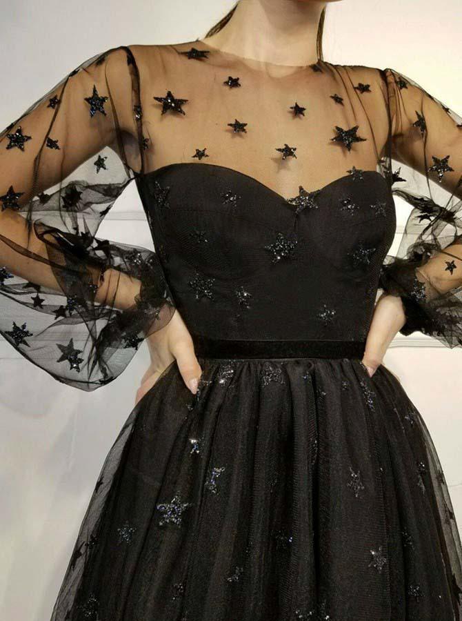 Sparkly A Line Round Neck Long Sleeves Homecoming Dress With Sequin