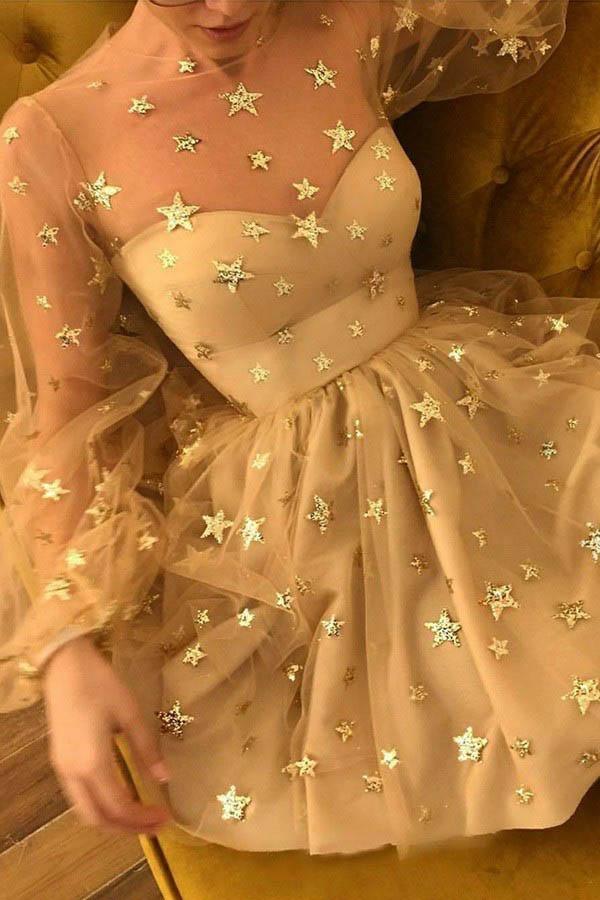 Vestido de fiesta brillante de corte A, cuello redondo, mangas largas y lentejuelas