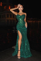 Sparkly Dark Green Spaghetti Straps Long Mermaid Prom Dresses Evening Gowns With Slit