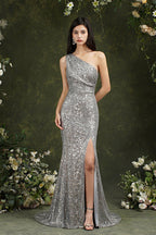 Vestido de dama de honor/graduación de sirena con lentejuelas brillantes de un solo hombro y abertura lateral hasta el suelo
